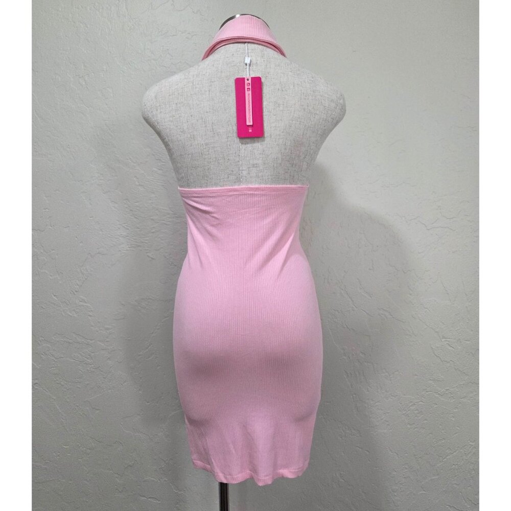 Pink Bodycon Ribbed Halter Button Down Dress - Picture 2 of 3